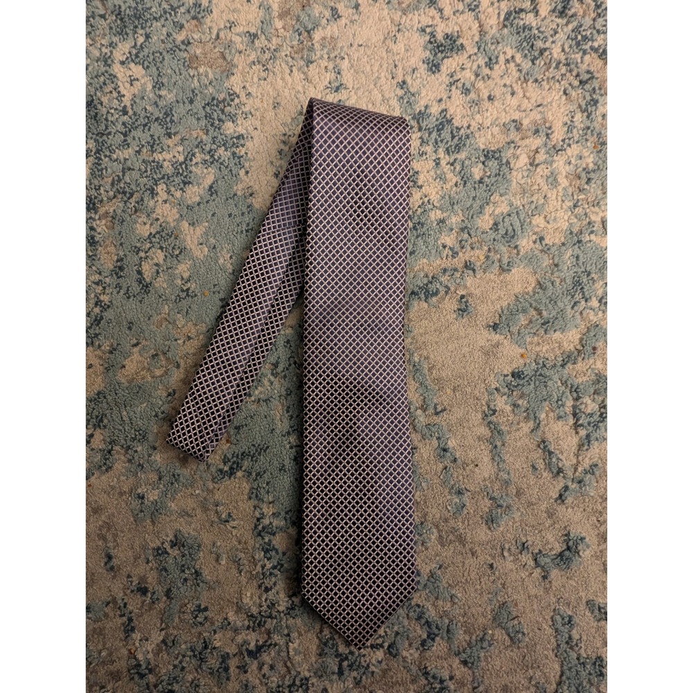 David Taylor Collection Mens Blue Silver Geometric Grid Pattern Necktie Handmade